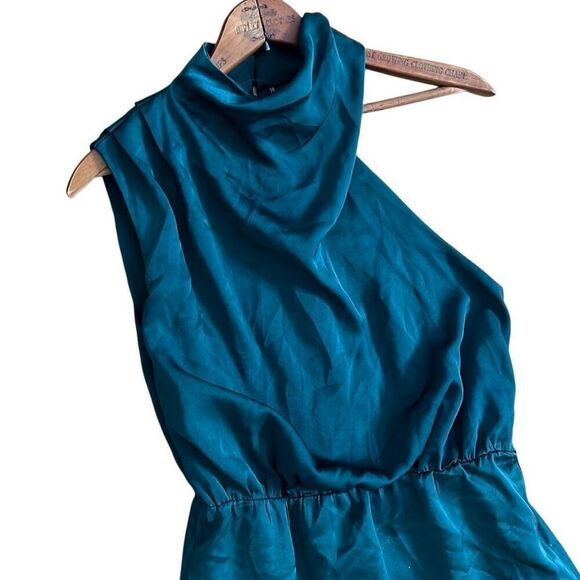 Satin Irregular Sleeveless Elastic Waist Mock Neck Cocktail Dress Emerald Medium - Picture 2 of 8